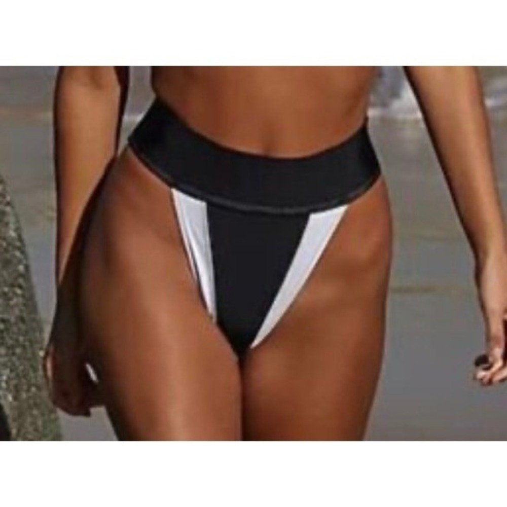 Free People FP Beach Black White Colorblock High Waisted Bikini Bottom Large L